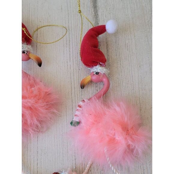 Feet dangling Flamingo set Santa had glitter puffy ornament Xmas - Picture 3 of 7